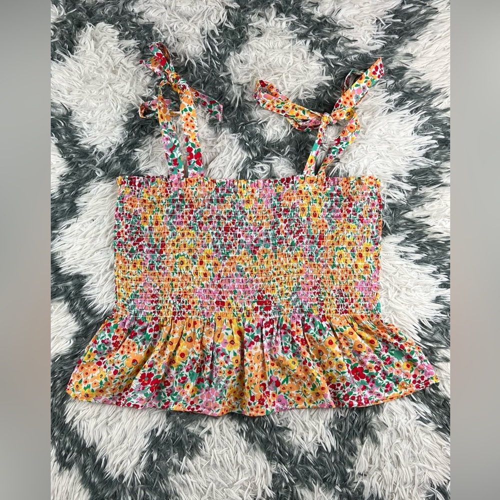 NWT J.crew Women’s Smocked Tank Top Floral Tie Shoulder Size Large Multi-color